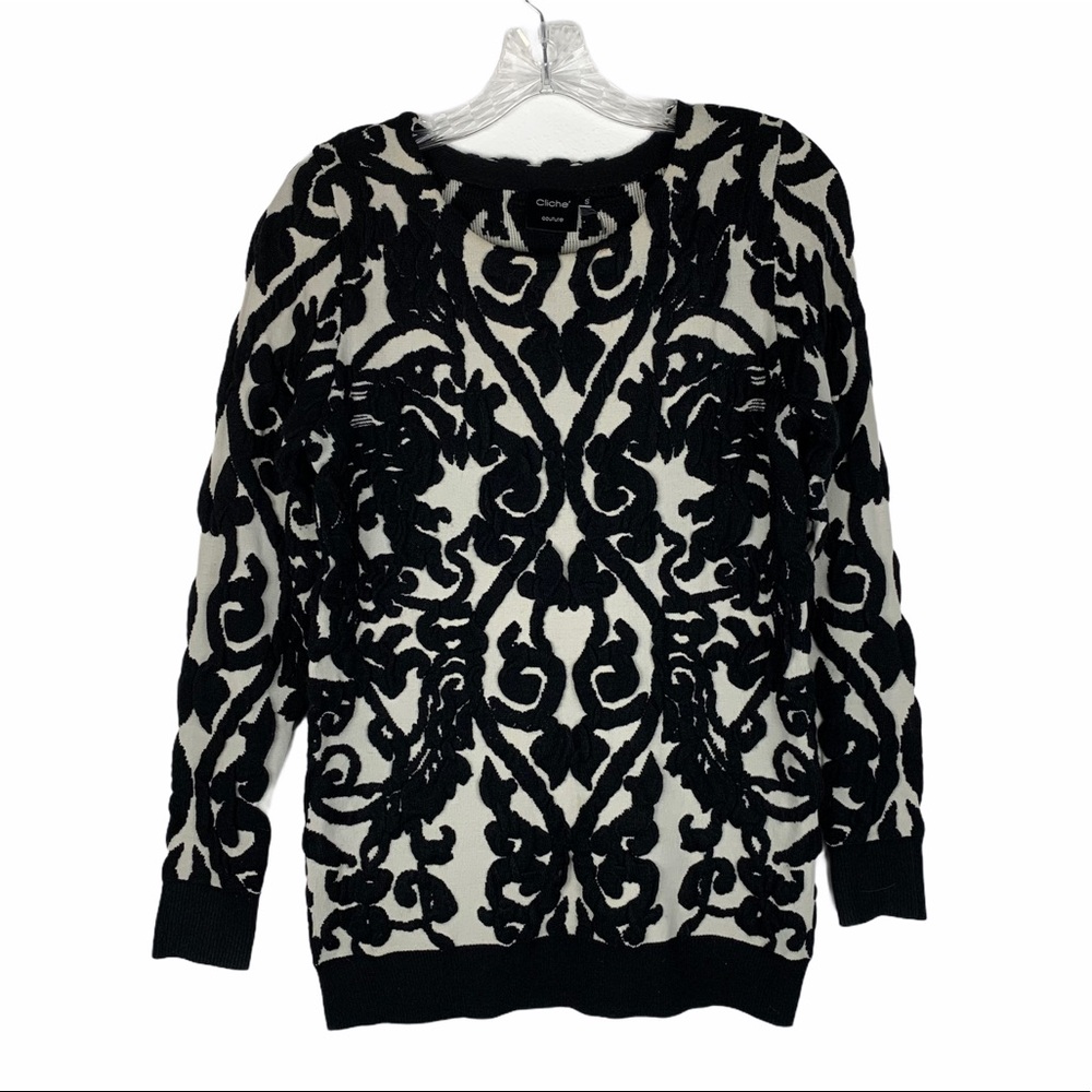 Cliche Coture Black White Quatrefoil Print Sweater